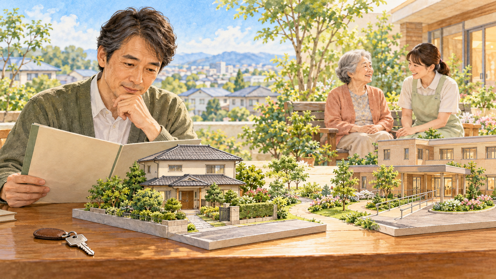 老人ホームで暮らす親と残された自宅について家族が資料を確認するイラスト