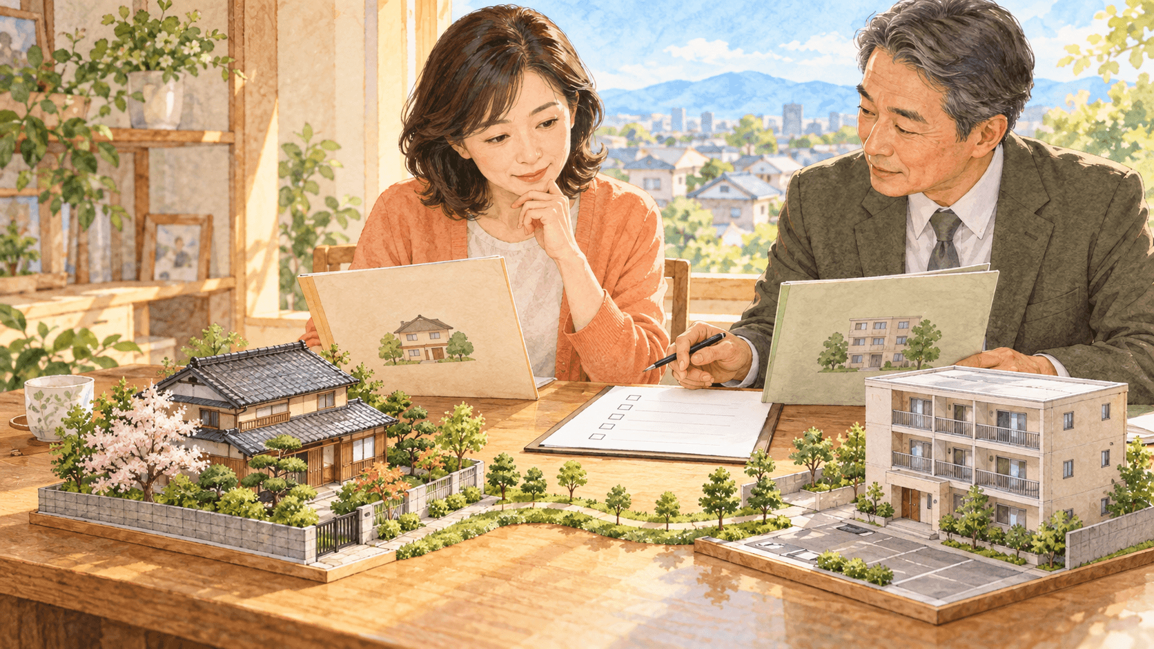 別居する子どもが親の実家と自分の住まいの資料を専門家と確認するイラスト