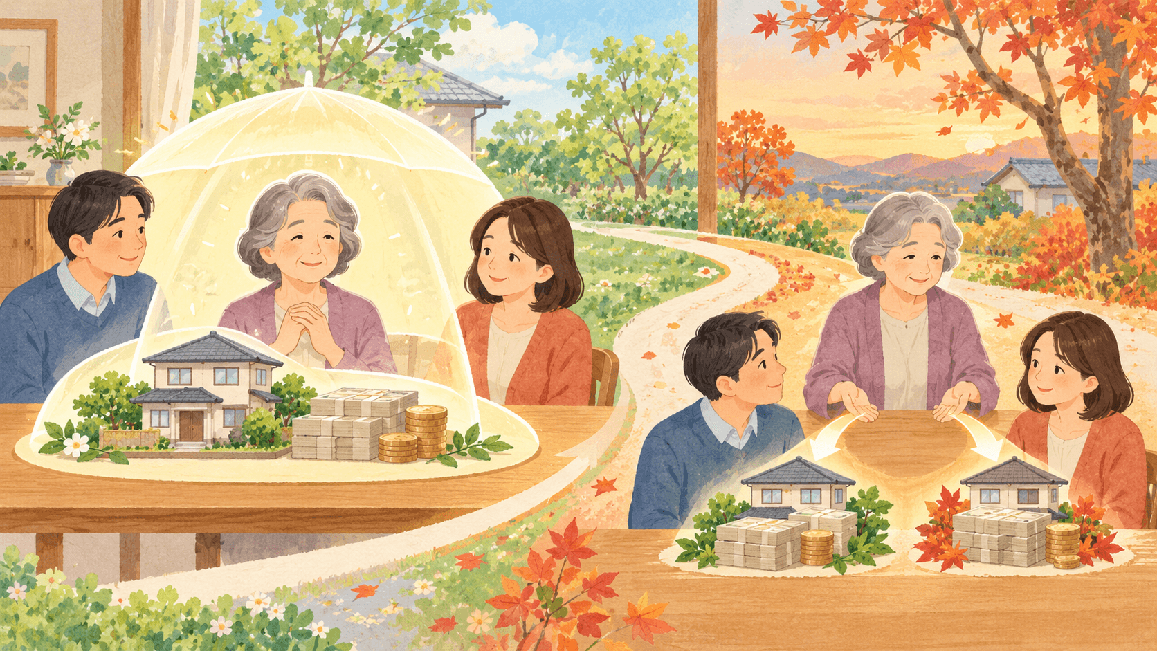 配偶者への相続と将来の二次相続を二段階で検討する家族のイラスト