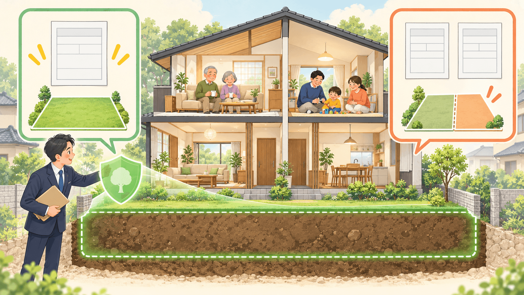 二世帯住宅の登記方法と敷地への小規模宅地等の特例を確認する家族のイラスト