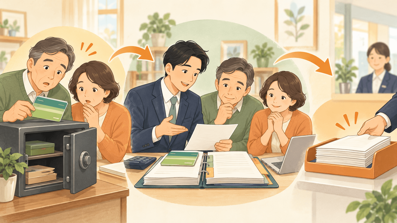 申告後に金庫から見つかった預金を追加して修正申告する家族のイラスト