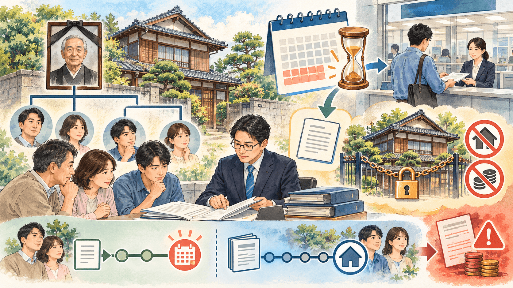 祖父名義の実家について相続登記の期限と相続人申告登記を確認する家族のイラスト
