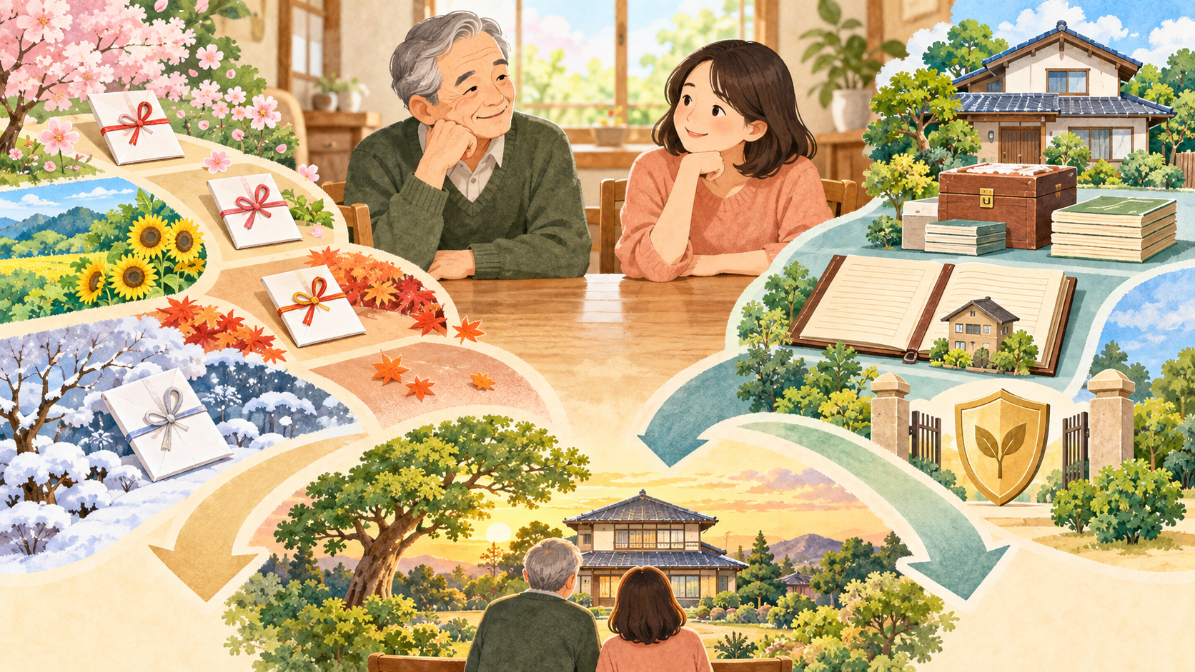 暦年贈与と相続時精算課税の二つの贈与方法を比較する親子のイラスト