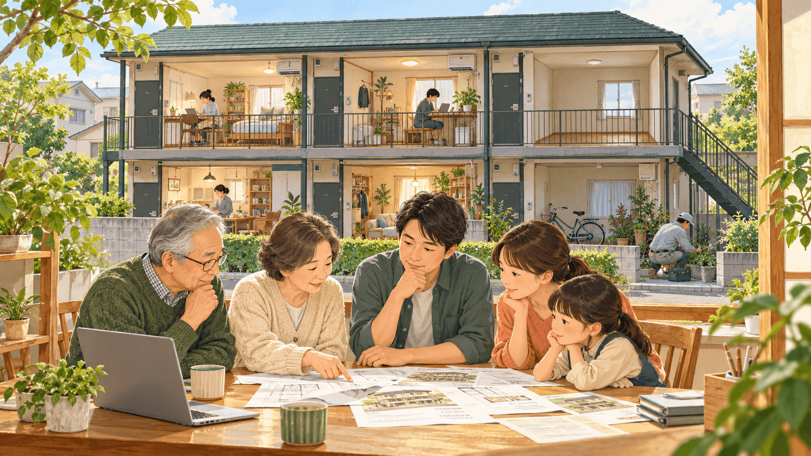 賃貸アパートの図面を囲んで相続を話し合う家族のイラスト