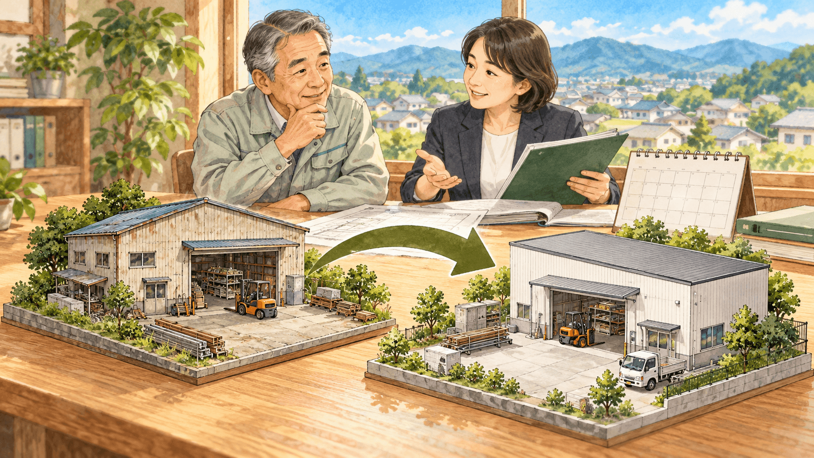 古い事業用建物の売却から新しい事業用建物の取得へつながる買換えのイラスト
