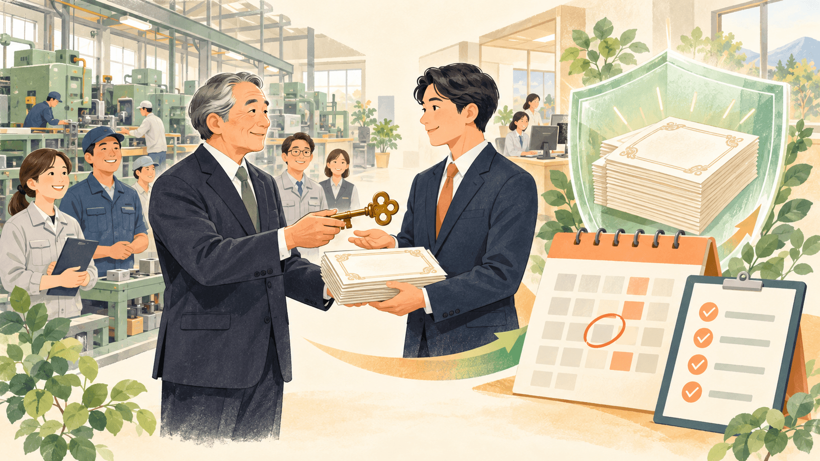 中小企業の経営者が後継者へ自社株と経営を引き継ぐ事業承継のイラスト