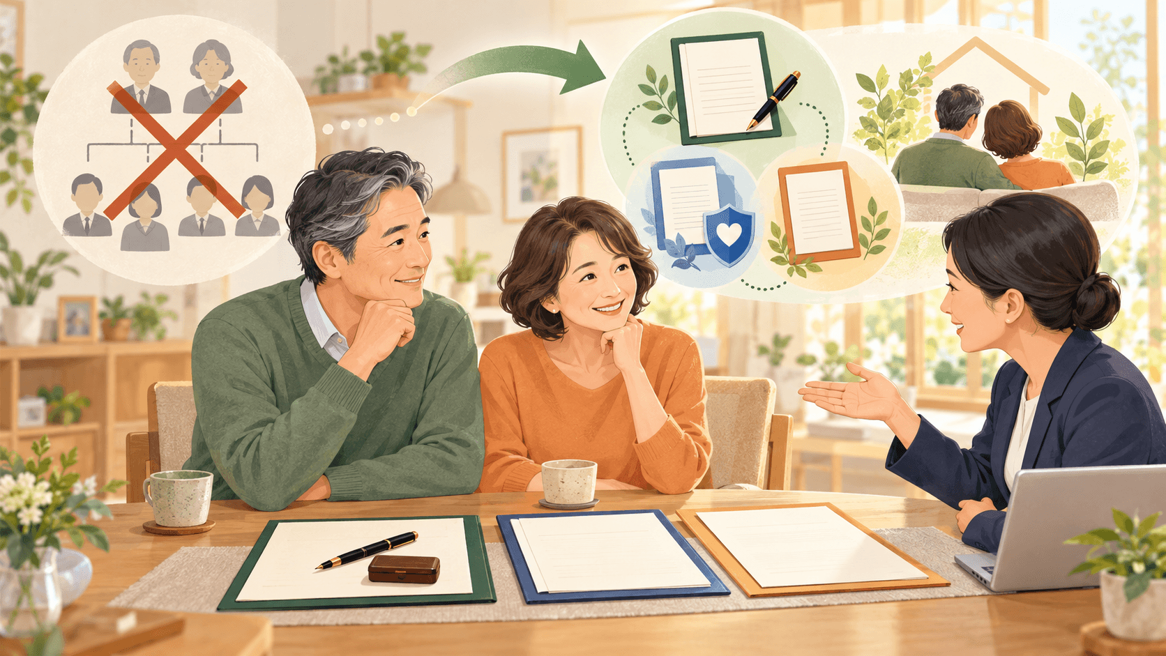 事実婚のパートナーが遺言や生命保険などで相続への備えを整えるイラスト
