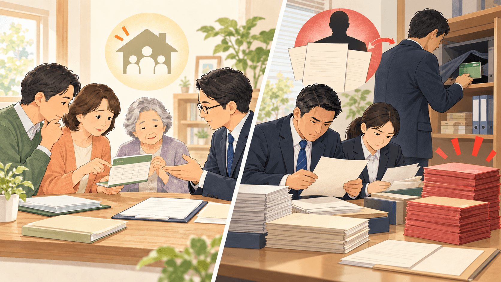 申告漏れの修正と財産の隠蔽を比較し税務調査で記録を確認するイラスト