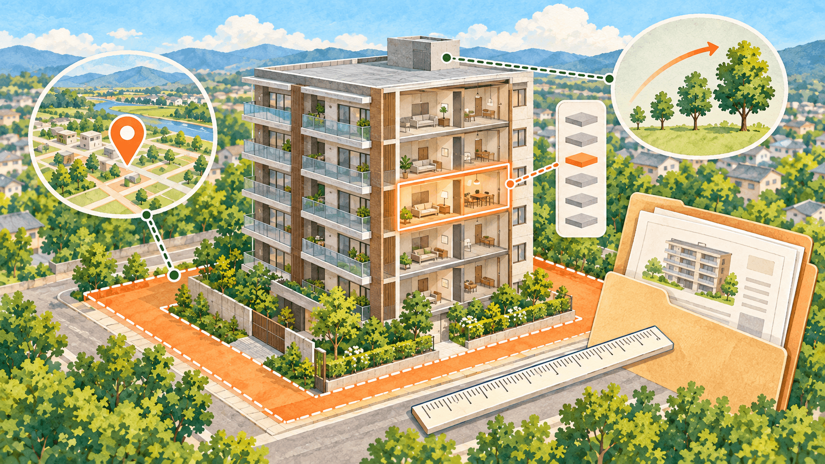 区分マンションの階層や築年数、立地を評価するイラスト
