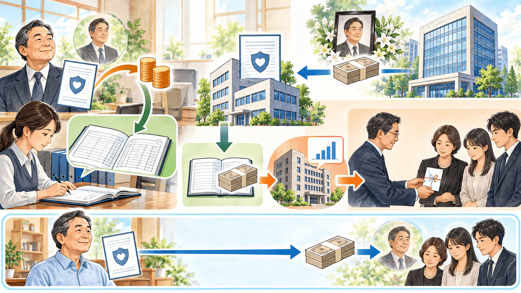 法人受取の生命保険金を会社の経理と法人税から遺族への別支給まで確認するイラスト