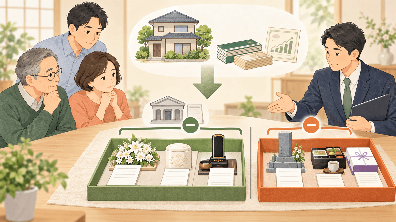 相続財産から差し引ける債務と葬式費用を対象外費用と仕分ける家族のイラスト