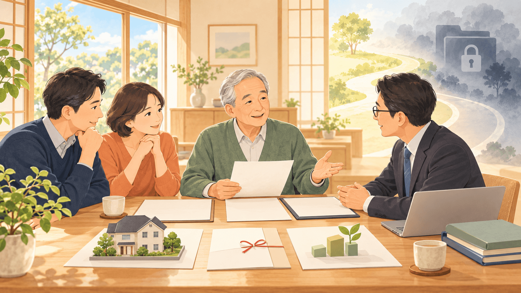 高齢の親が判断能力のあるうちに家族と遺言や資産管理を相談するイラスト