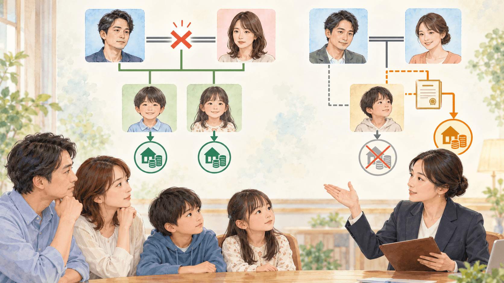 離婚後も相続権を持つ実子と自動では相続しない連れ子の関係を示すイラスト