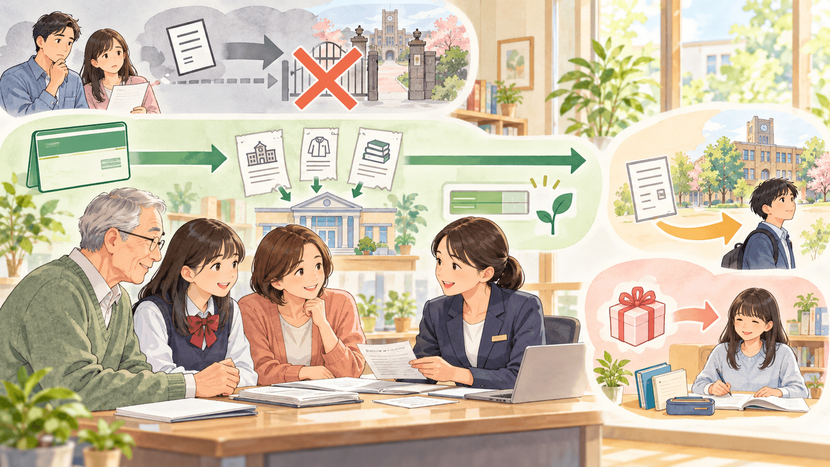 新規受付を終了した教育資金贈与制度と既存契約の領収書管理を確認する家族のイラスト