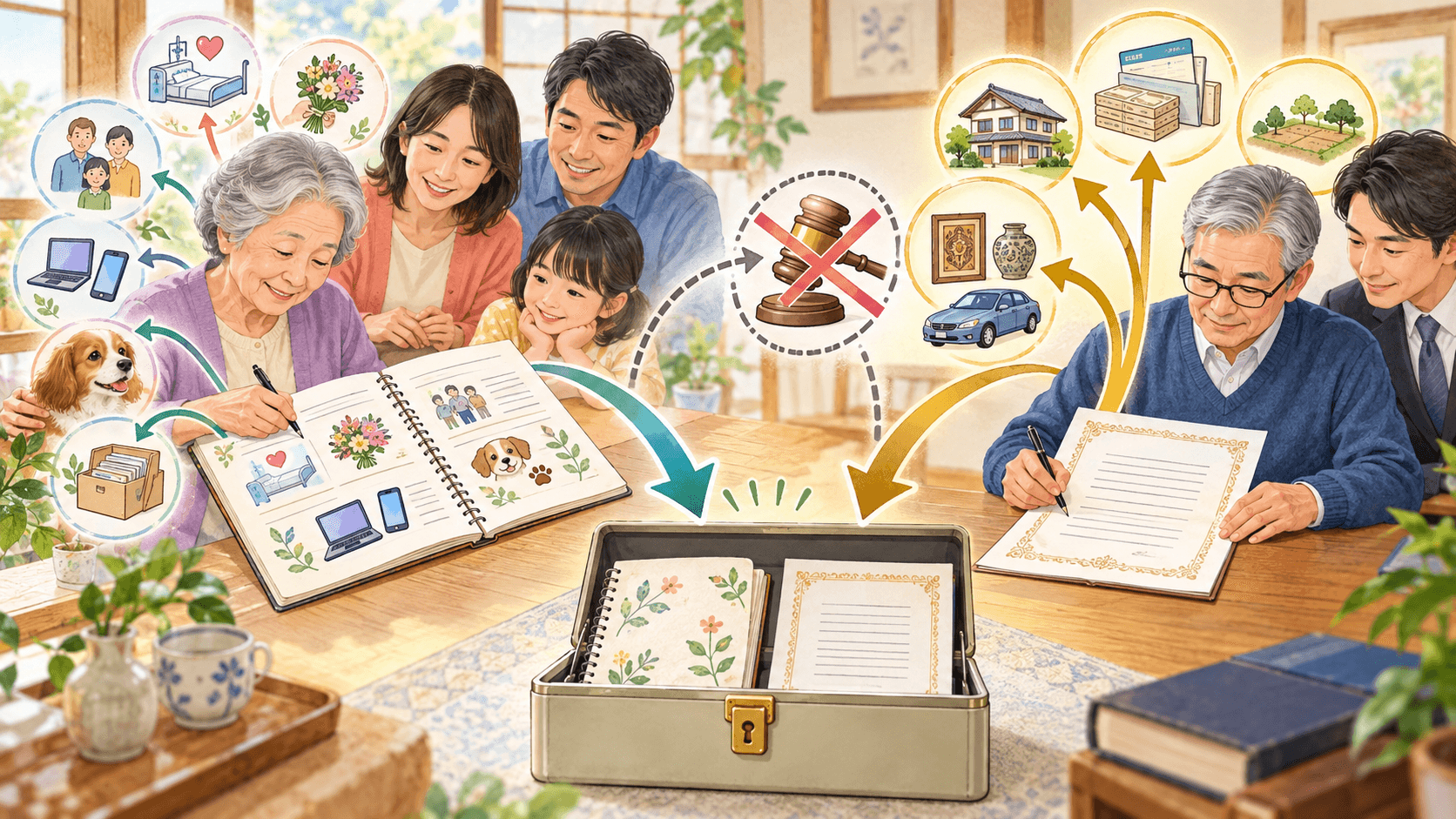 家族への希望を伝えるエンディングノートと財産承継を定める遺言書を併用するイラスト