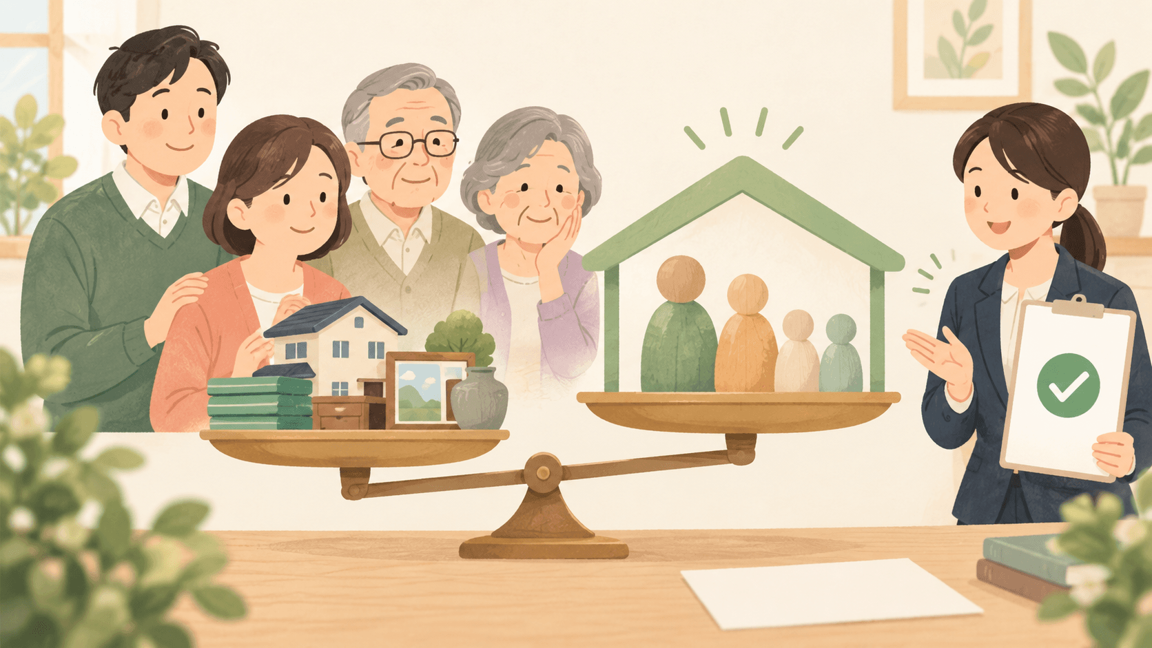 相続財産と家族構成に応じた基礎控除を比較して申告要否を確認するイラスト