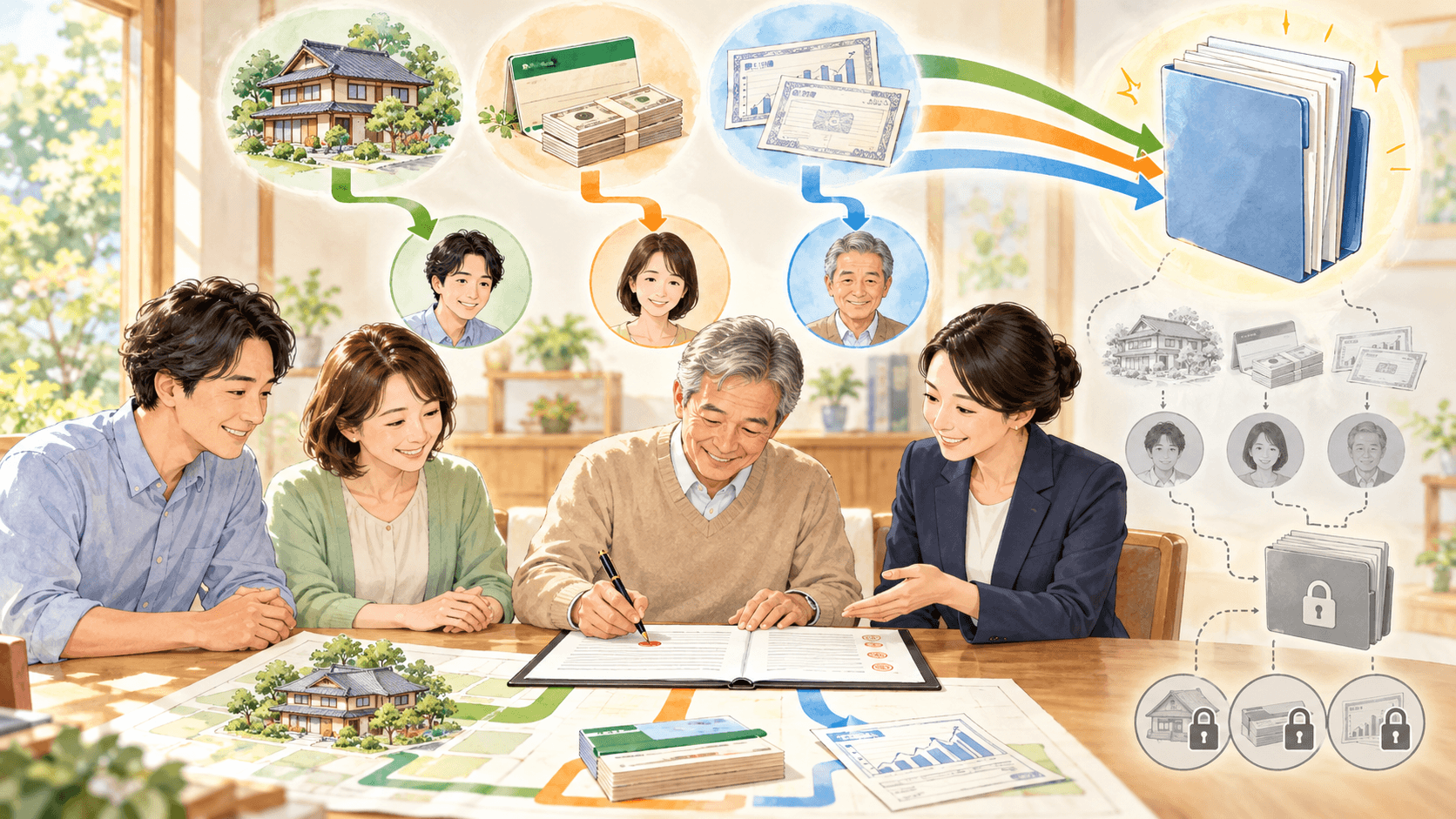 相続人が不動産や預金の分け方を合意し協議書から申告へ進むイラスト