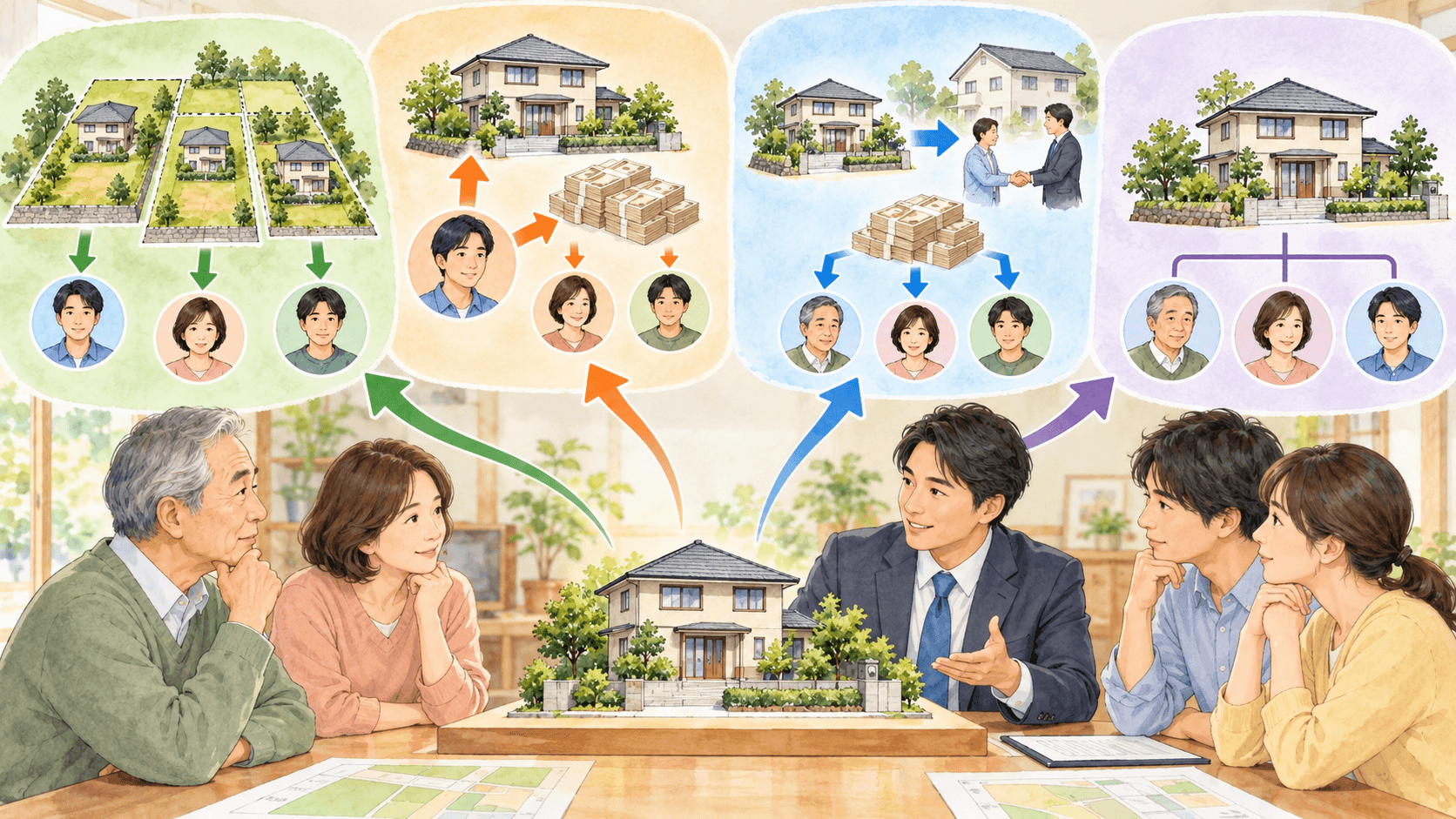 不動産の現物分割と代償分割と換価分割と共有分割を比較するイラスト