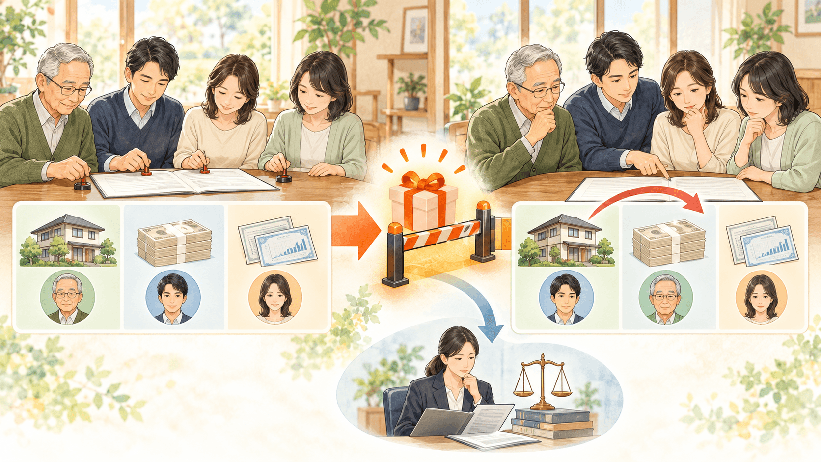 確定した遺産分割をやり直して財産を移す際の贈与税リスクを示すイラスト
