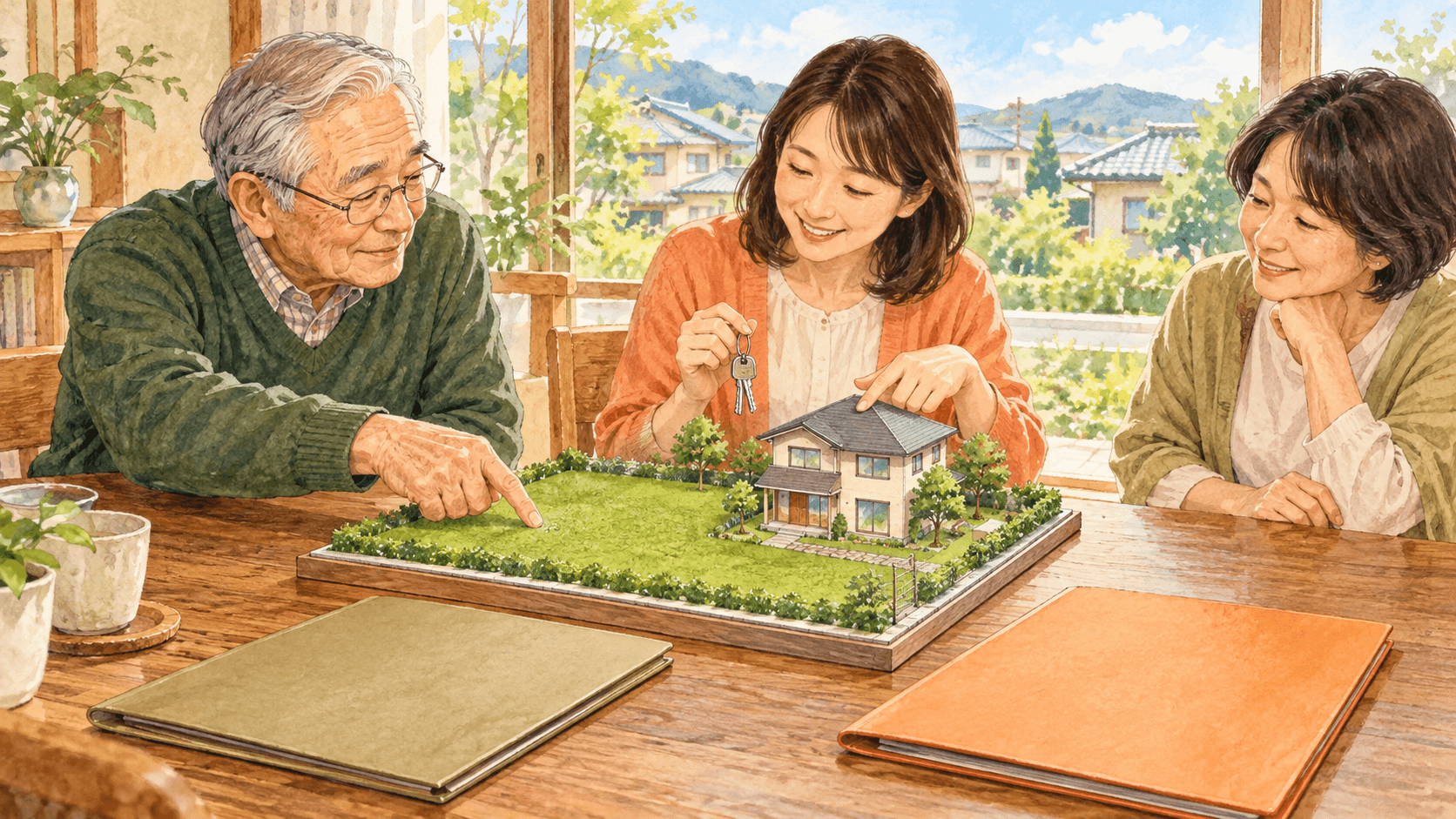 親が所有する土地に子どもの家を建てる関係を家族と土地の模型で表したイラスト
