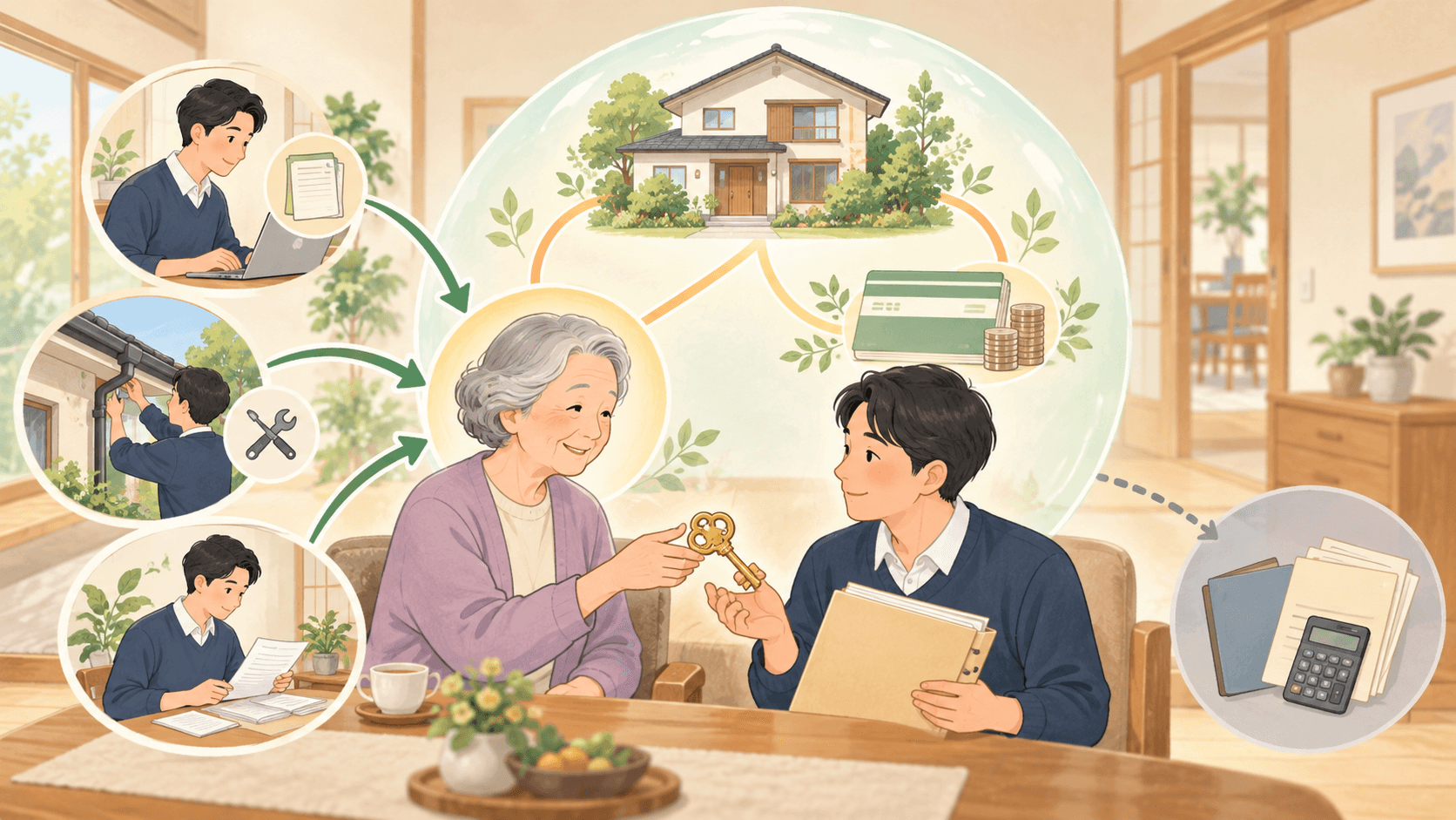 高齢の親が家と預貯金の管理を子に託す家族信託のイラスト