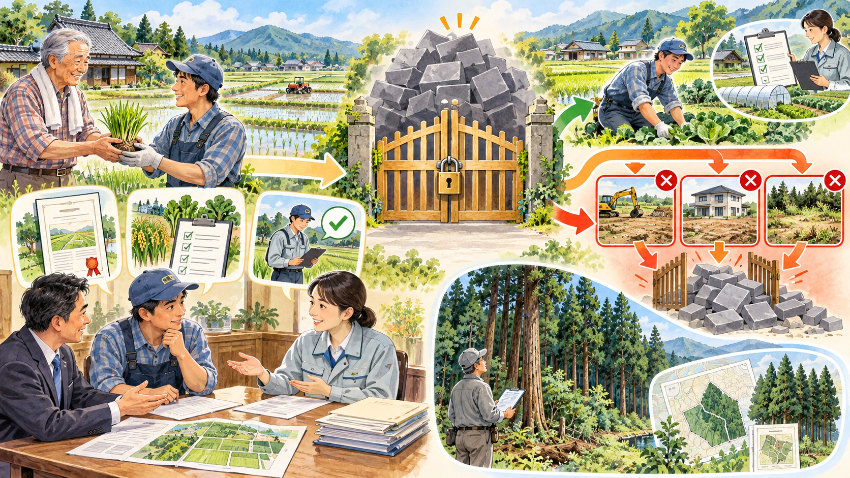 農業を継続する相続人が農地の納税猶予要件と山林の評価を確認するイラスト