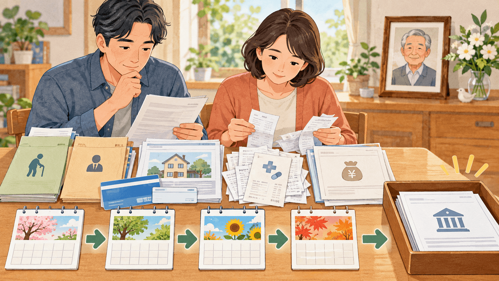相続人が被相続人の所得と必要経費の資料を集め準確定申告を行うイラスト