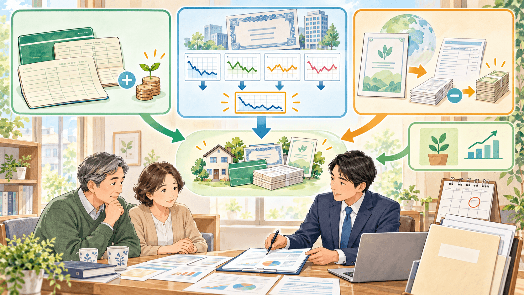 預貯金の利息と上場株式の複数価格と投資信託の解約価額を確認するイラスト