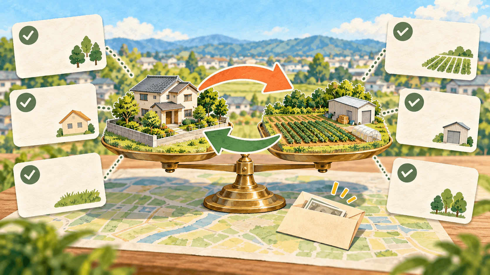 同程度の価値を持つ土地と建物を交換する特例のイラスト