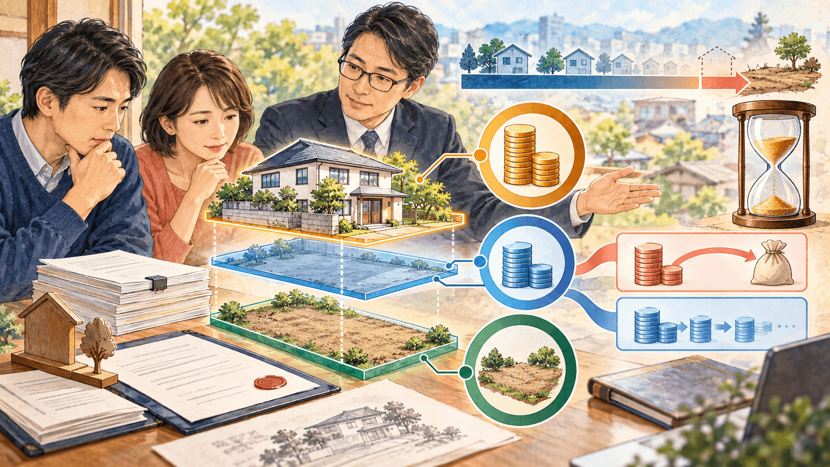 定期借地権付き住宅の建物と借地権と底地を分けて残存期間から評価するイラスト