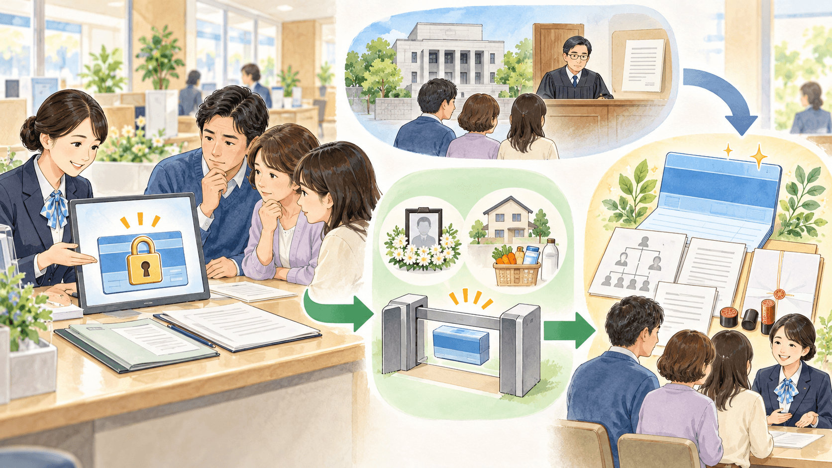 死亡後に凍結された銀行口座から仮払いを受け正式な解除書類を整えるイラスト
