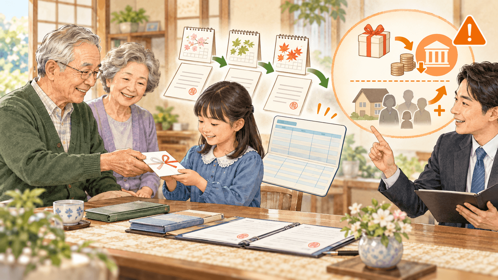 祖父母が孫へ贈与し契約書と口座記録を残して注意点を確認するイラスト