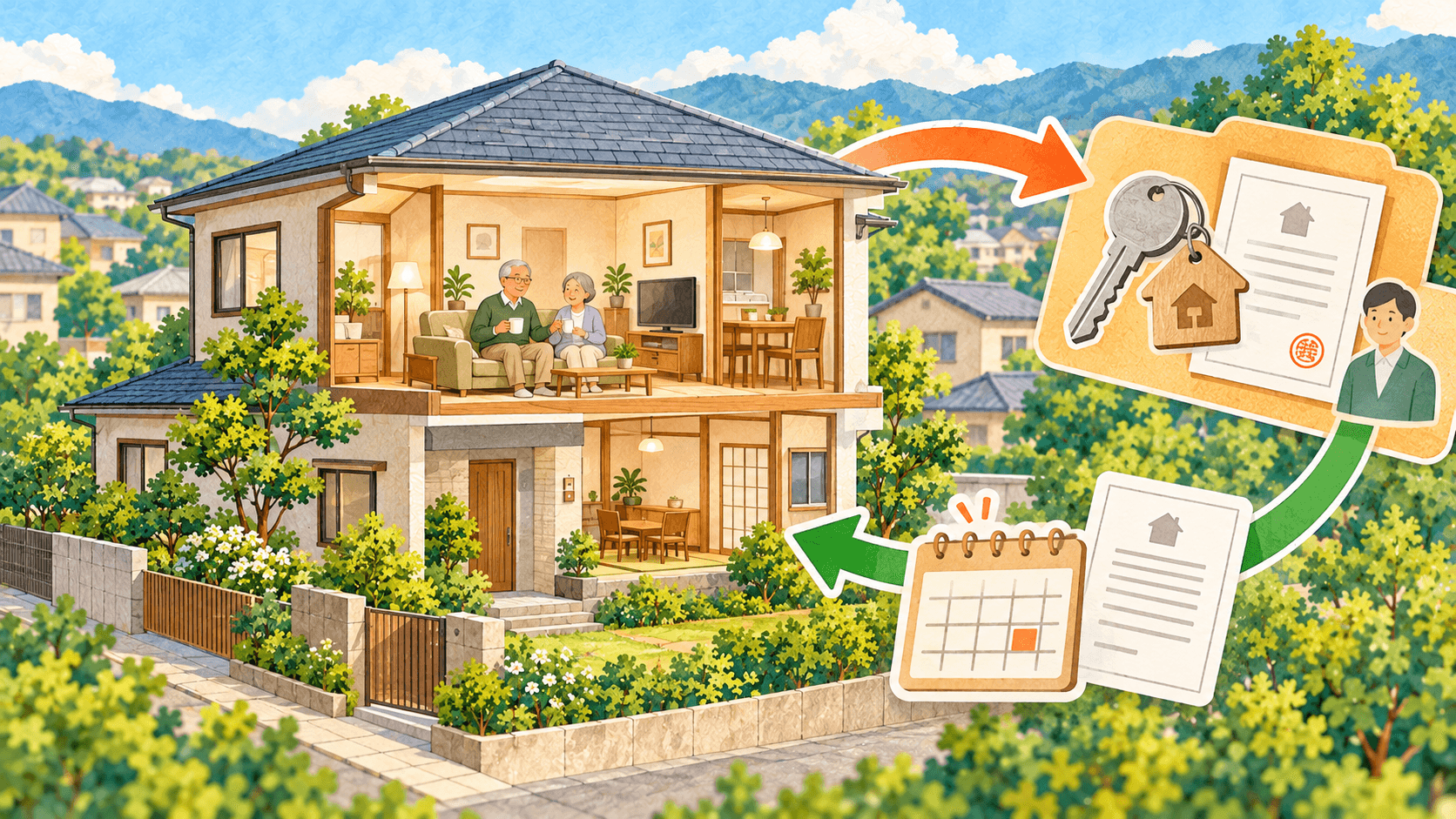 自宅を売却後に賃貸契約を結んで住み続けるリースバックのイラスト