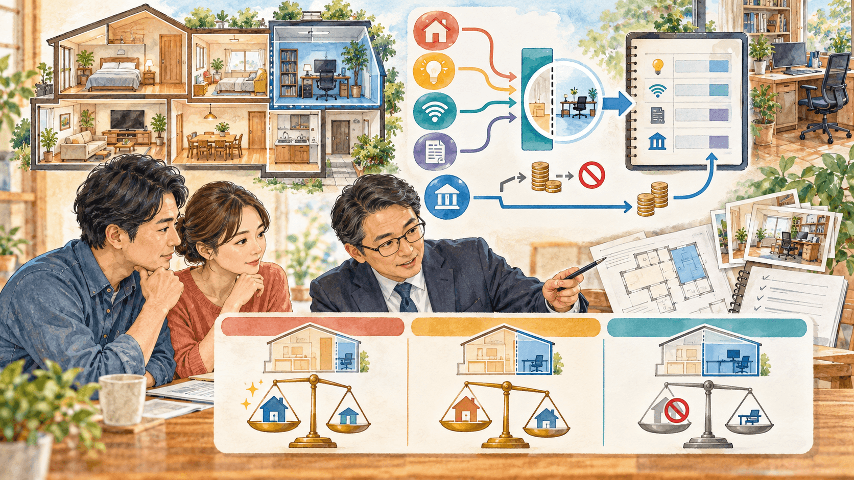 自宅兼事務所の家事按分と住宅ローン控除の関係を間取り図で確認するイラスト