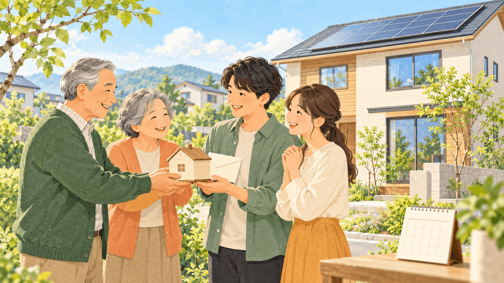 祖父母が住宅取得を支援するため家と資金を家族へ渡すイラスト