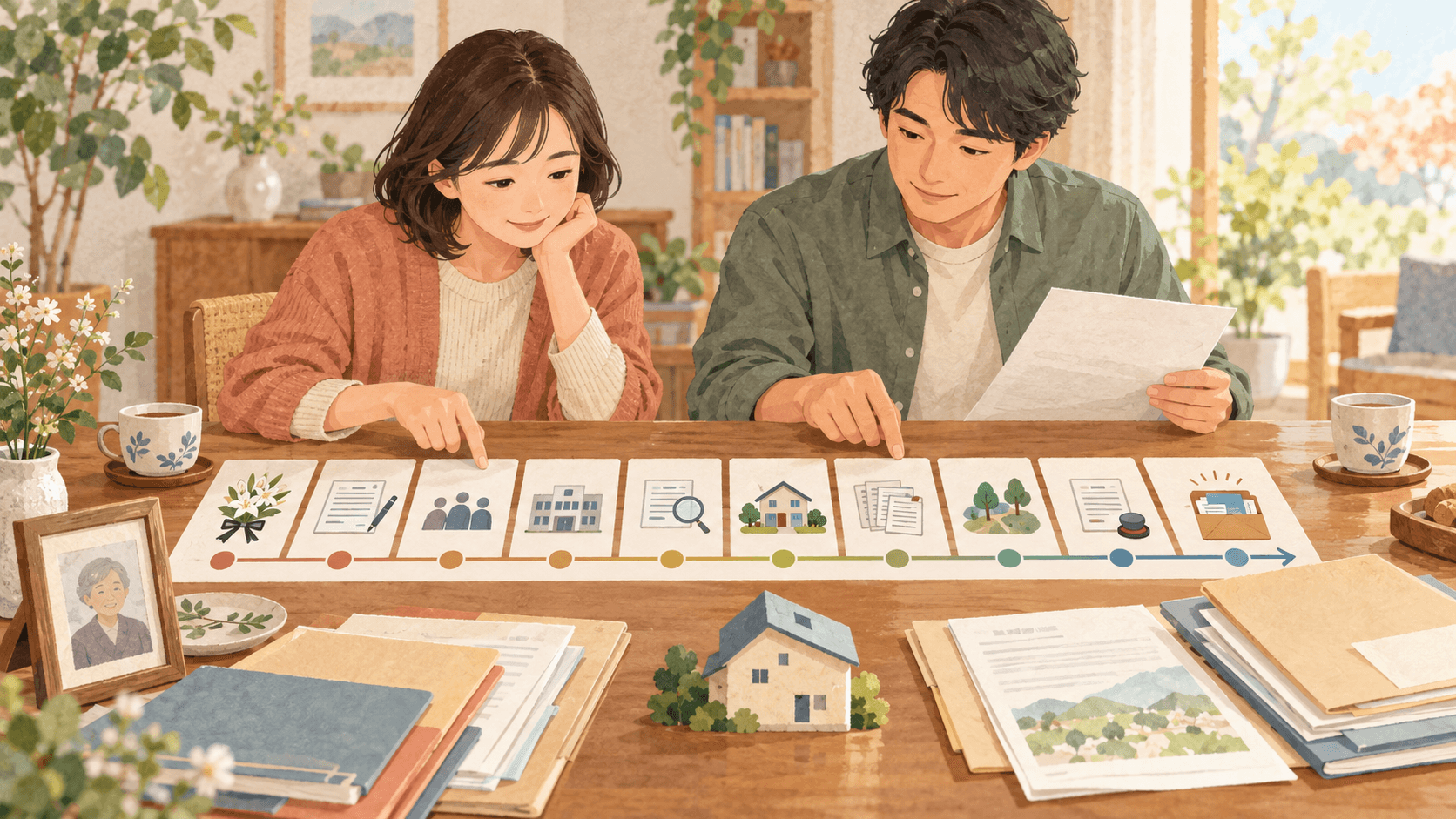 相続発生から申告期限までの手続きを家族が時系列に並べて確認するイラスト