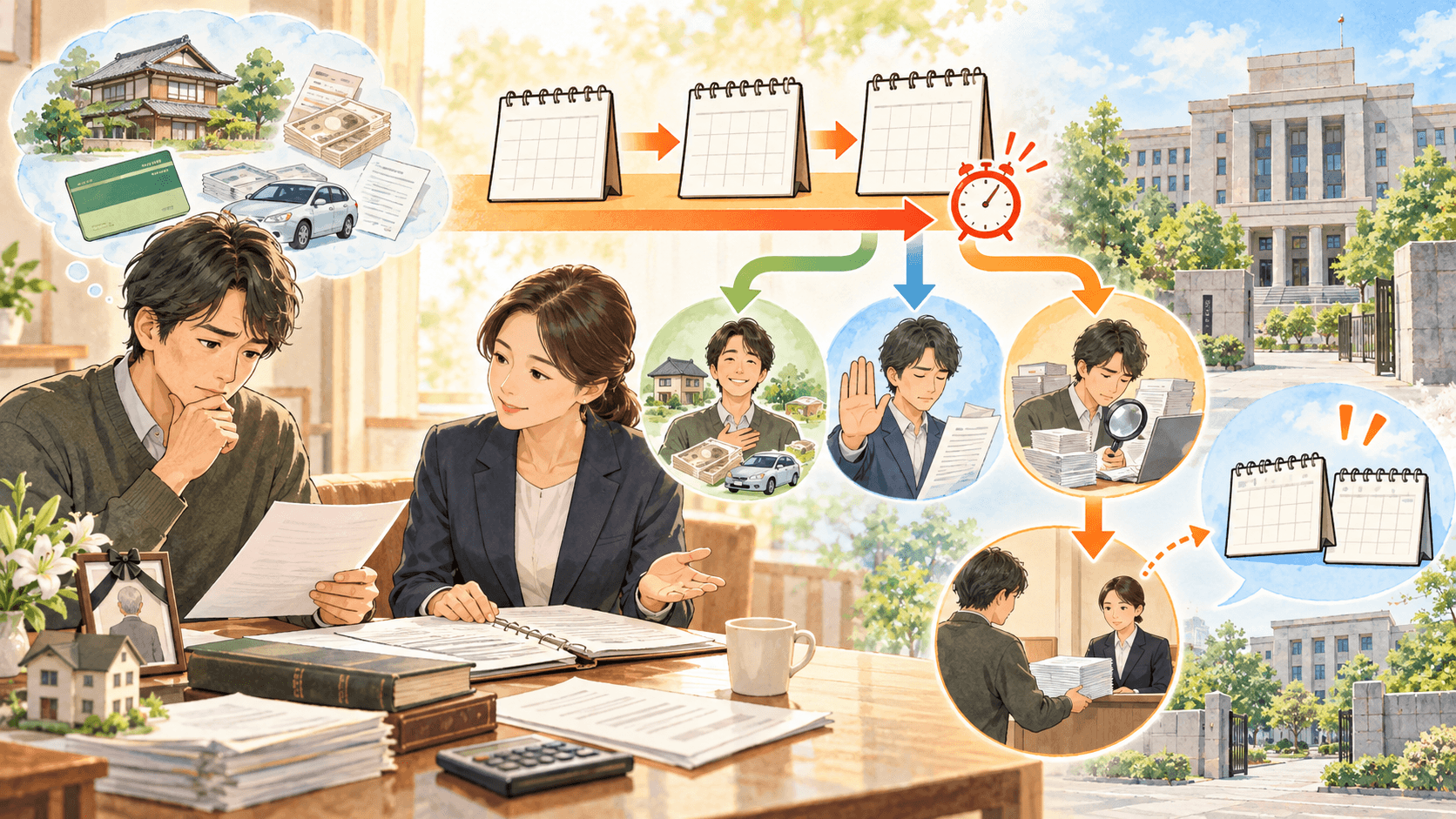 相続財産と債務を調査し期限内の放棄または期間伸長申立てを検討するイラスト