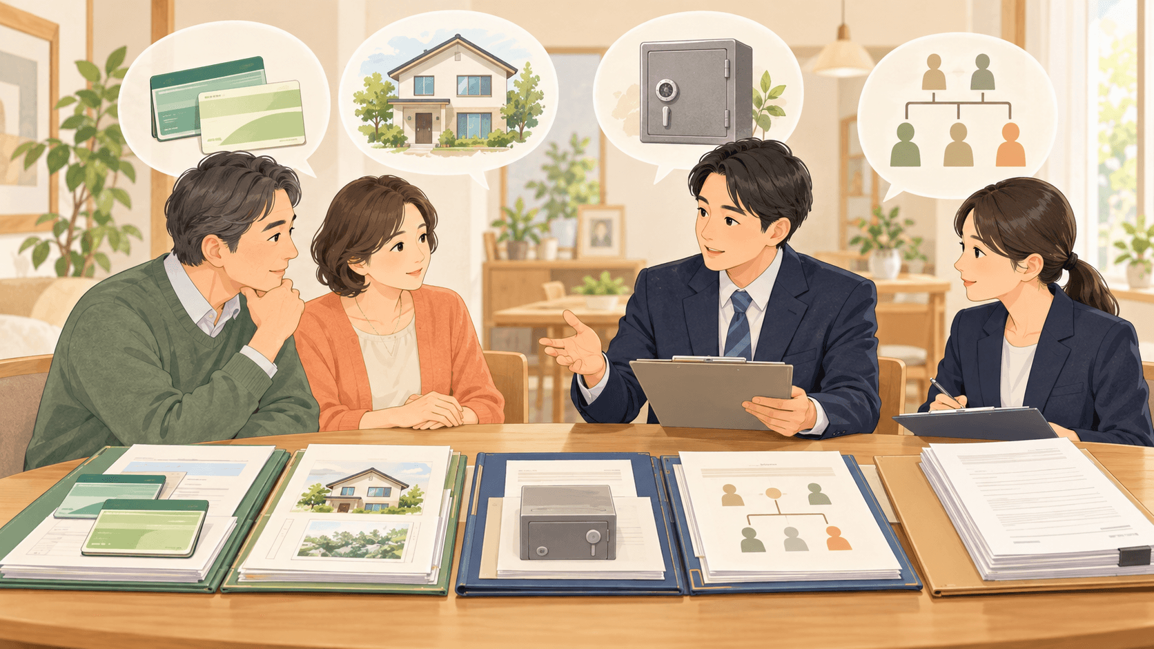 税務調査に備えて預金や不動産や相続人関係の書類を整理し質問に備える家族のイラスト