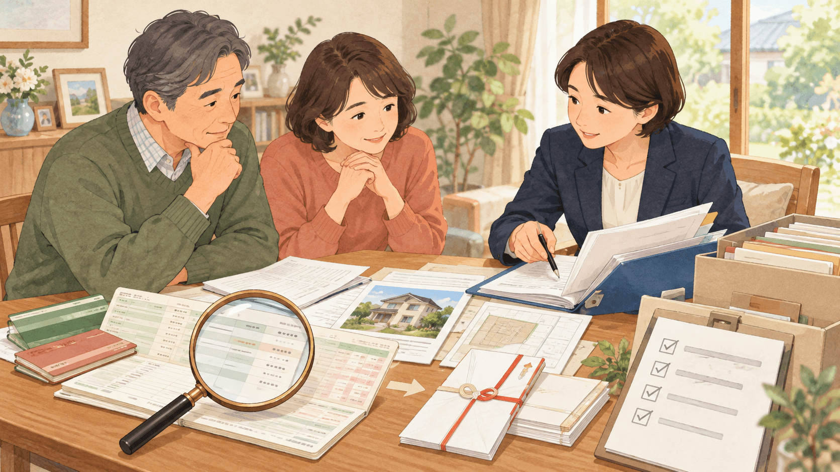 相続税の税務調査に備えて預金や不動産の資料と申告内容を確認するイラスト
