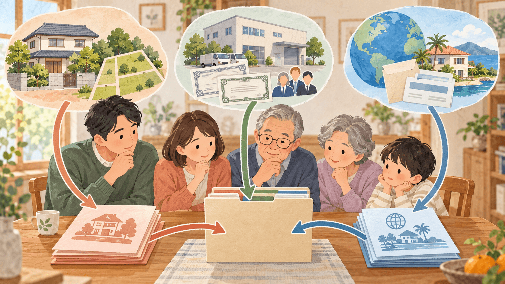 不動産や自社株、海外資産がある相続税申告をケース別に整理する家族のイラスト