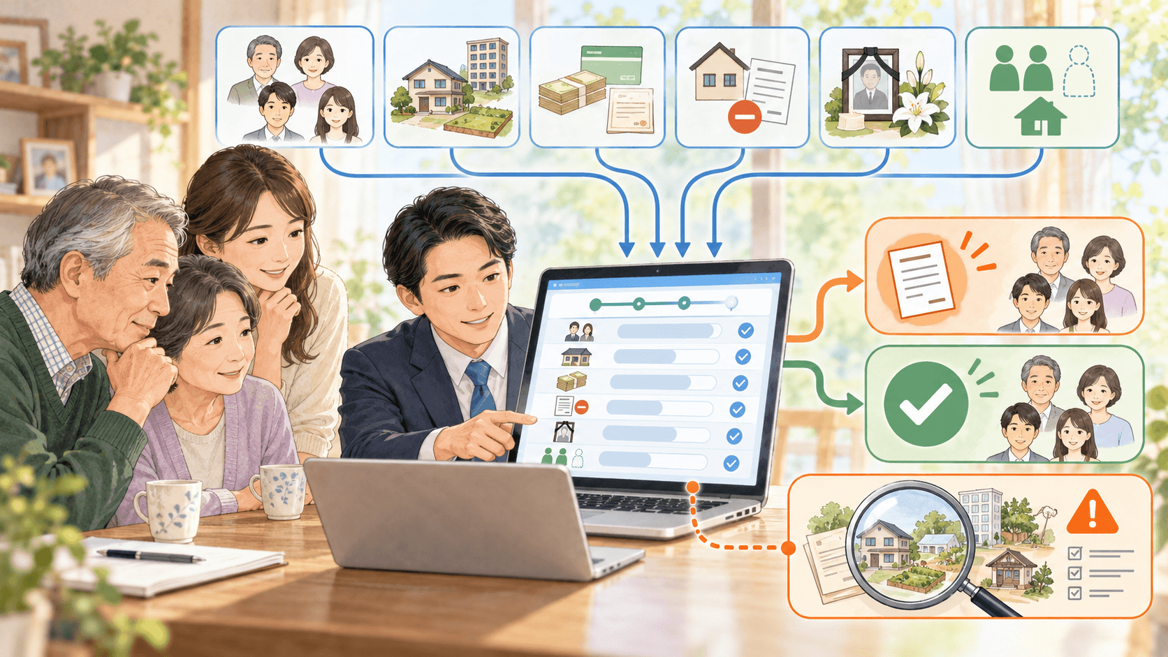 家族構成と財産や債務を入力して相続税申告の要否を仮判定するイラスト