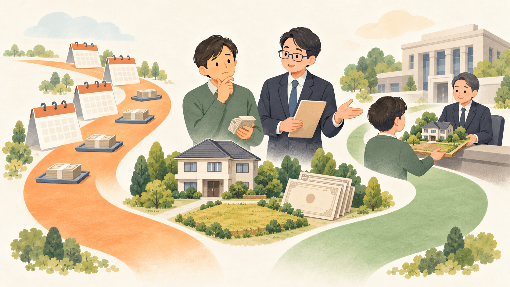 相続税を分割して納める方法と不動産で納める方法を比較する相続人のイラスト