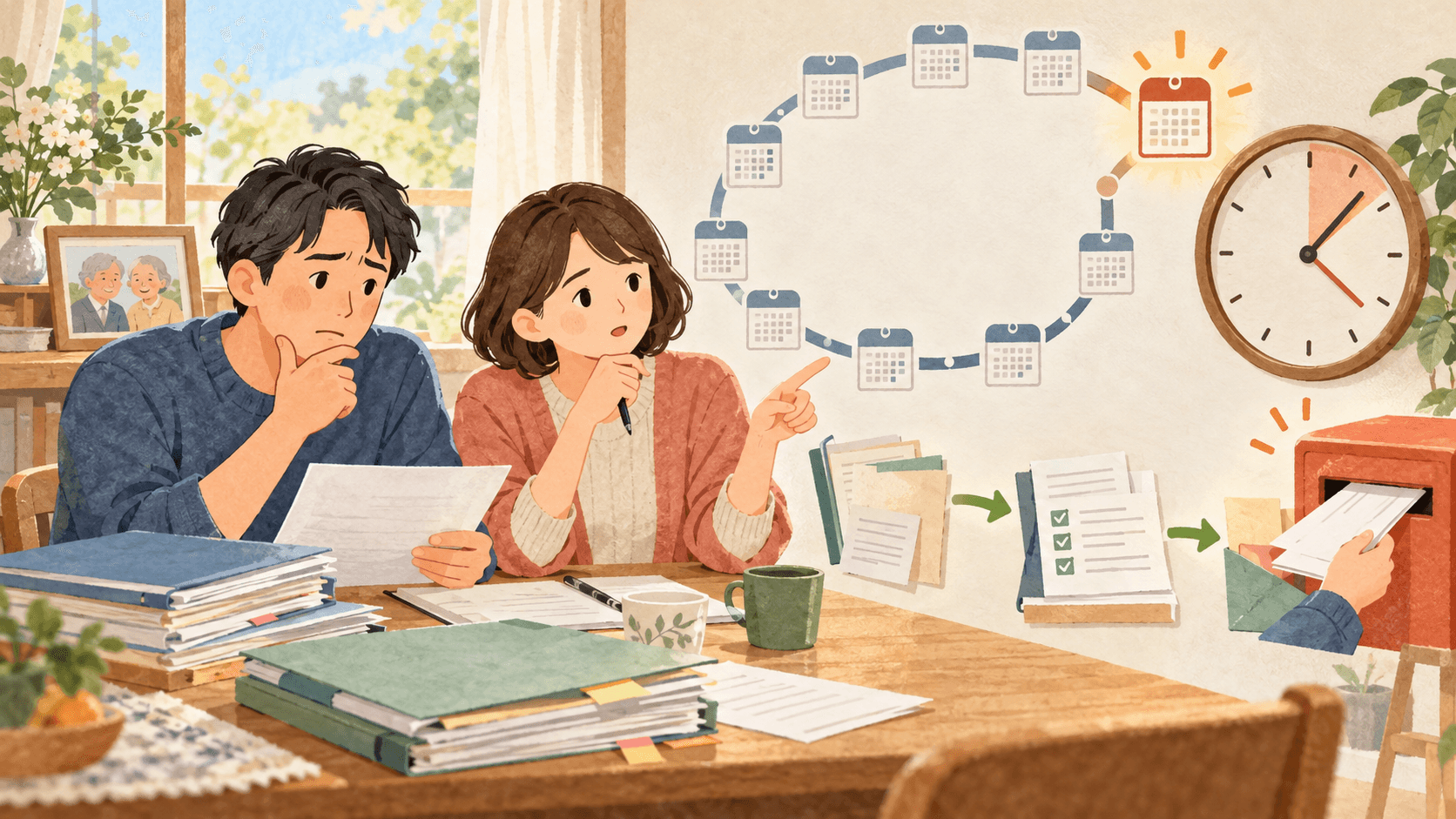 相続税の申告期限と未完成の書類を確認して早急な提出準備を進める家族のイラスト