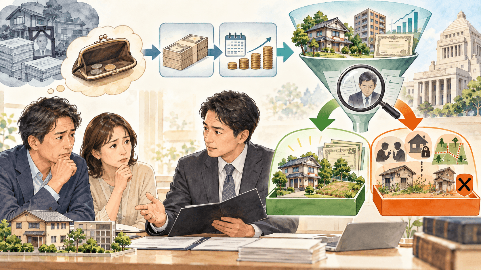現金納付や延納が難しい相続人が物納財産の適格性審査を受けるイラスト
