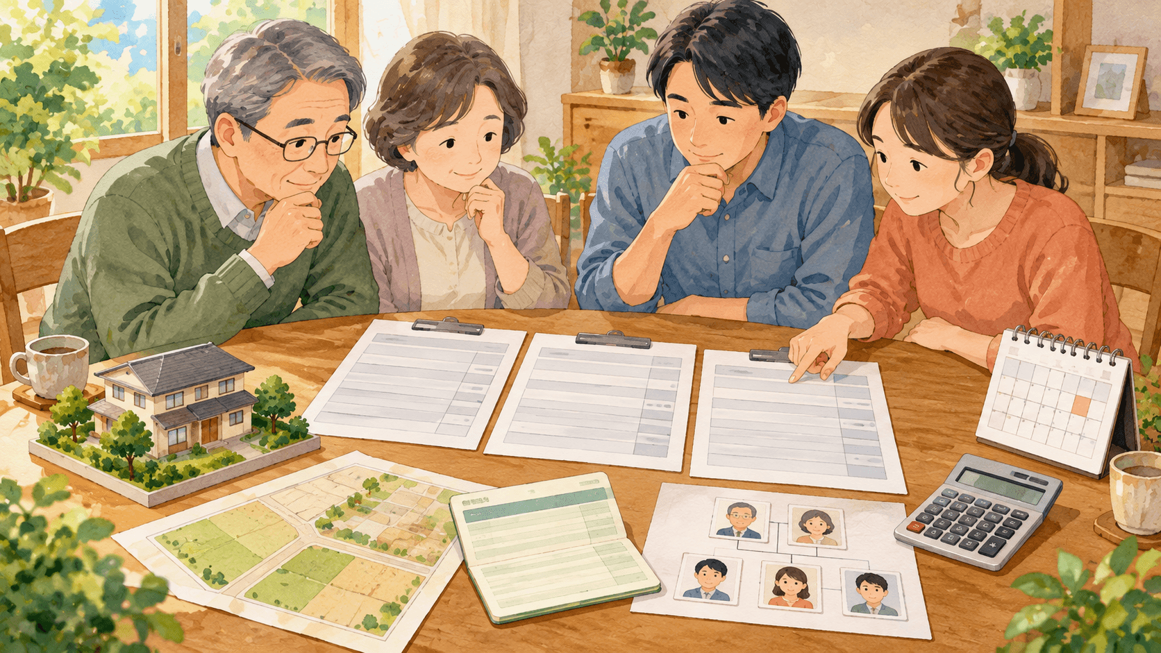 相続財産の資料を囲み複数の見積書を比較する家族のイラスト