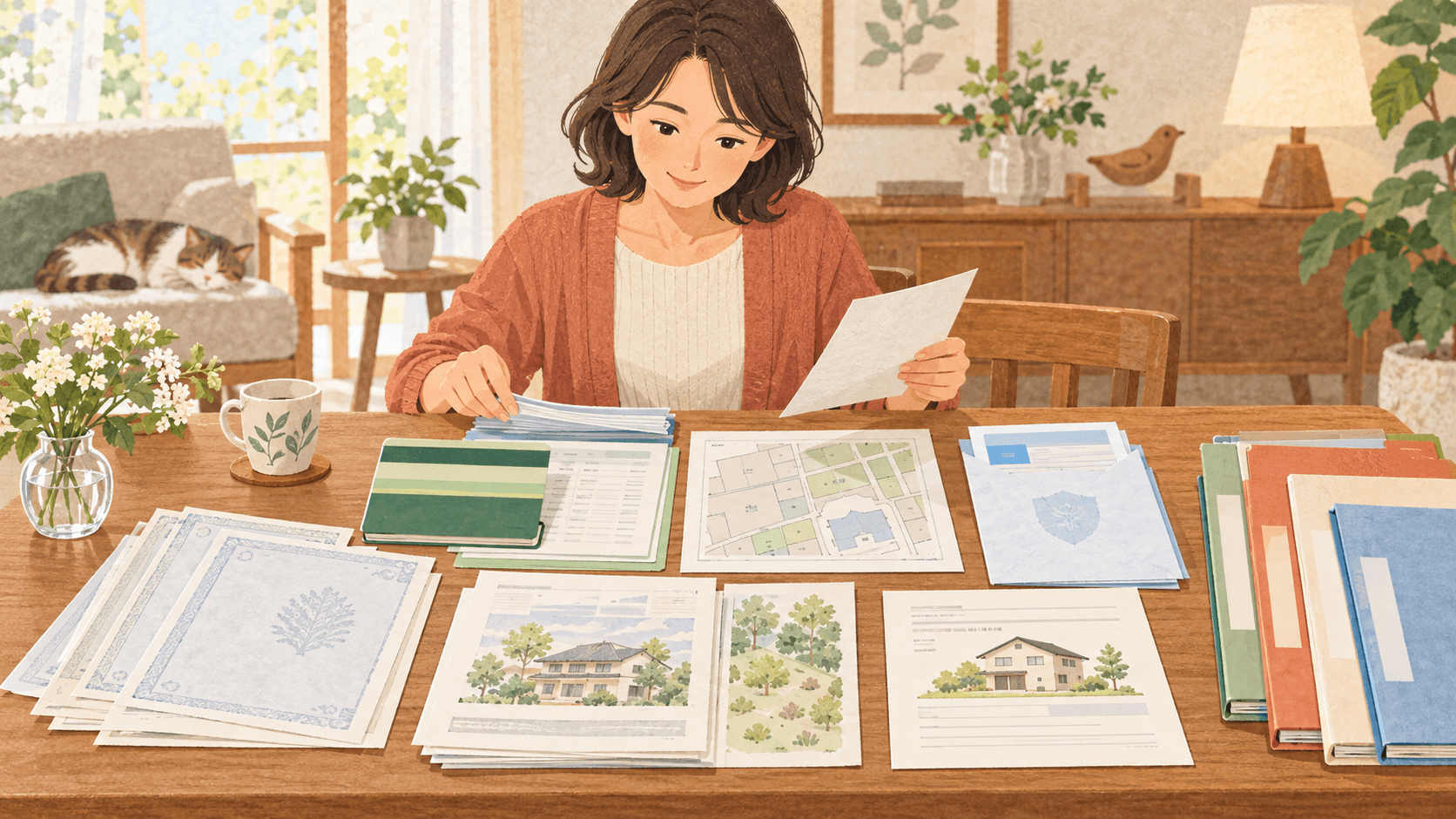 相続税申告に必要な戸籍や預金、土地などの資料を分類してそろえるイラスト