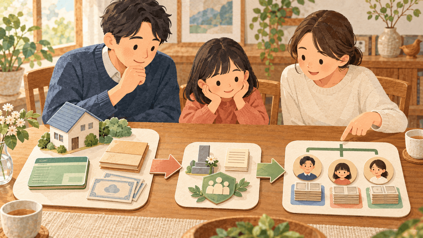 自宅や預金などの財産と家族構成から相続税がかかる金額を確認するイラスト