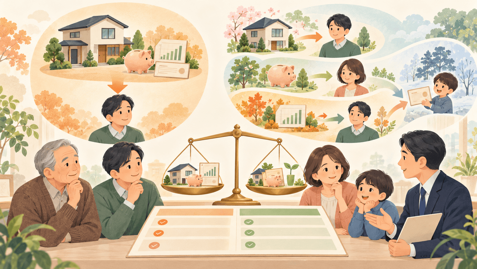 一括して相続する方法と家族へ段階的に贈与する方法を比較するイラスト