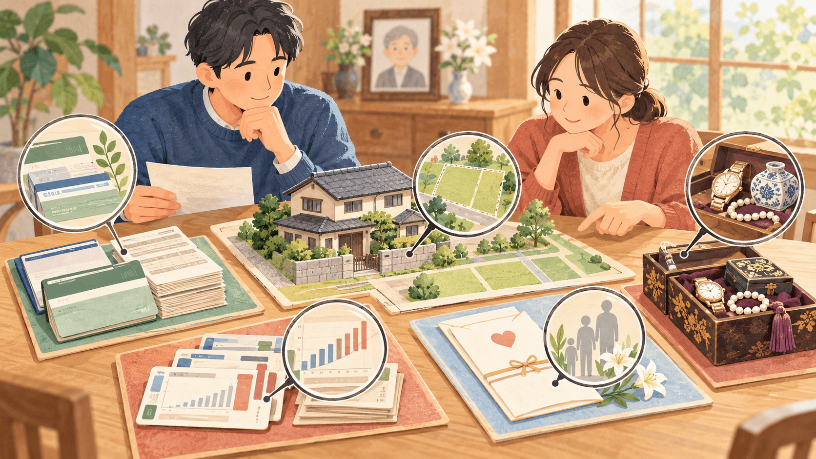 土地や家、預貯金、株式、生命保険、家財を種類ごとに相続税評価するイラスト