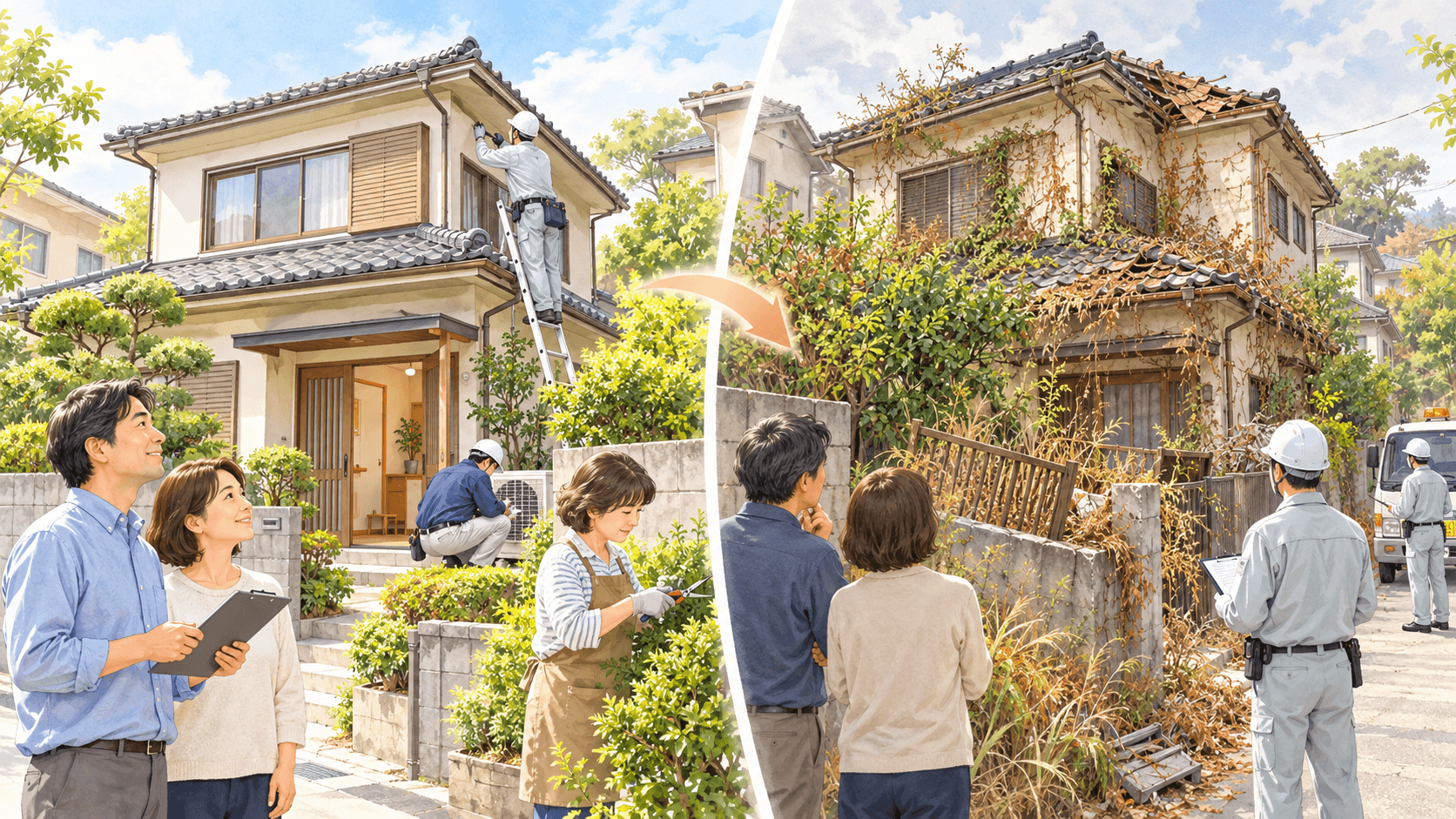 相続した空き家を定期管理する場合と放置して劣化した場合を比較するイラスト